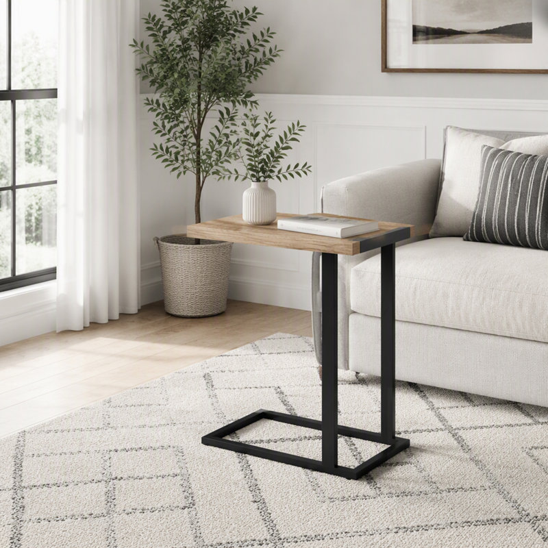 Contemporary C-Shaped Accent Table with Mango Wood-Look Laminate and Metal, Perfect for Living Room or Bedroom