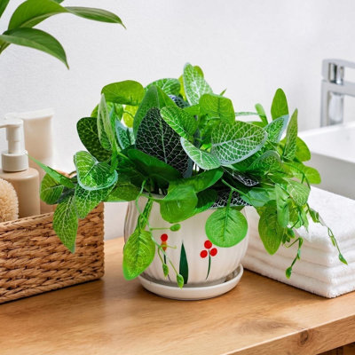 Plante grimpante artificielle de 11 pouces avec pot en plastique peint à la main et soucoupe pour bureau de table