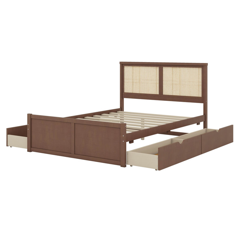  Lit plateforme en bois avec 4 tiroirs et tête de lit en rotin Canup, Grand, Espresso