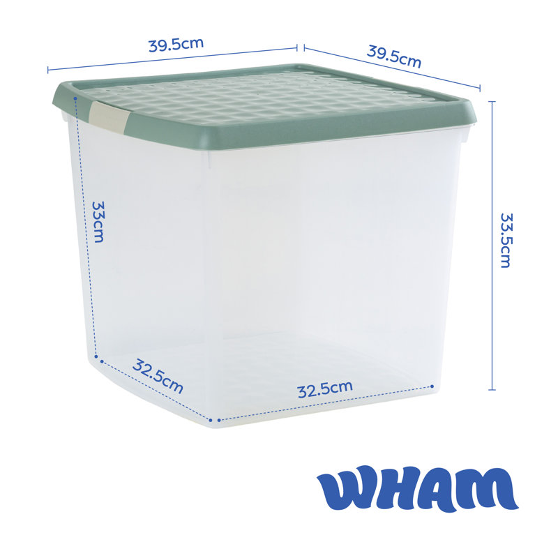 Wham Clip 5x 13.2L Square Plastic Storage Boxes with Secure Clip Lock Lids. L:39.5 x W:39.5 x H:12cm Clear/Green Milieu/Stone