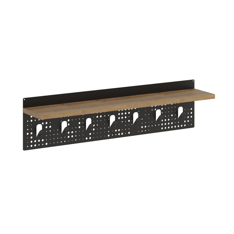 Popy Wall Mounted Floating Shelf with 7 Coat Hanger Hooks, Black/Natural/White