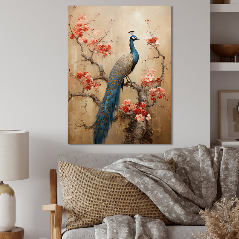 Bleu japonais royal floral paon I - paon animal art mural en métal, H 40 po x l 30 po x P 1,5 po