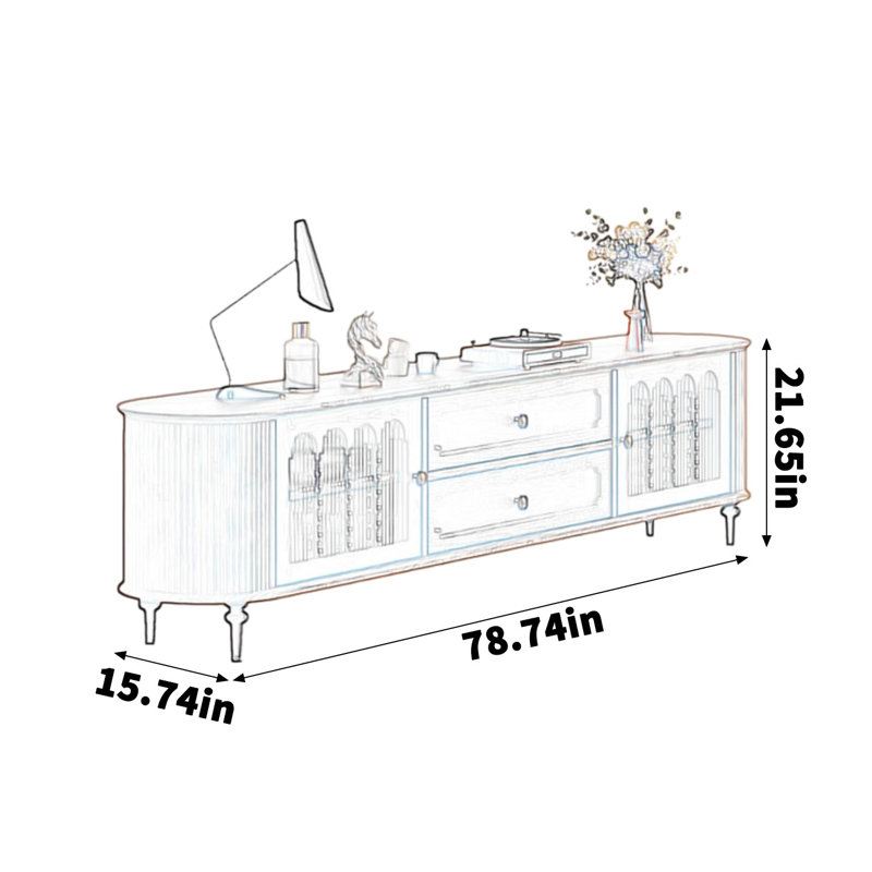 Meuble télé en bois massif de style rétro à bords arrondis, H 21,65 po x L 78,74 po x l 15,74 po