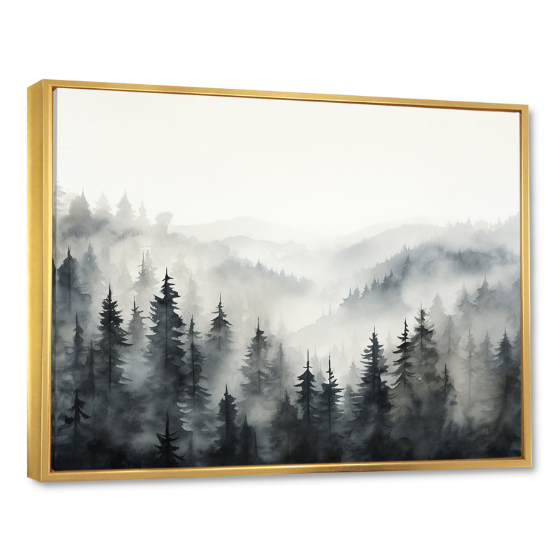 «Gray Misty Morning Forest Horizon», art mural encadré forêt, 30" H x 40" W, Cadre flottant doré