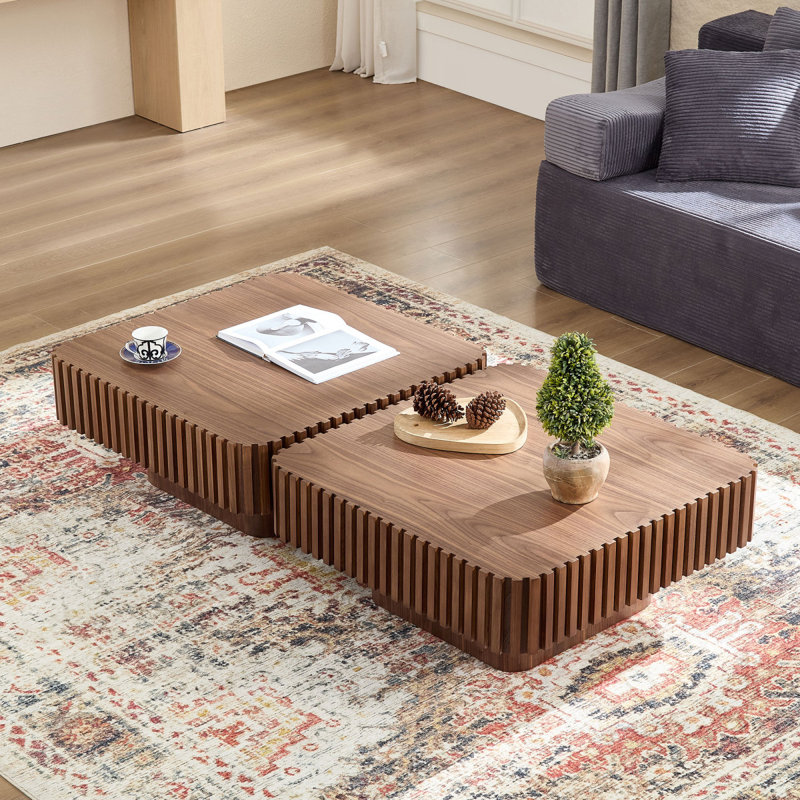 2PCS Set 31.5 Inch Modern Handcraft Drum Coffee Table Square Coffee Table For Living Room,Small Wooden Coffee Table With Sturdy MDF Pedesta,Walnut Colour