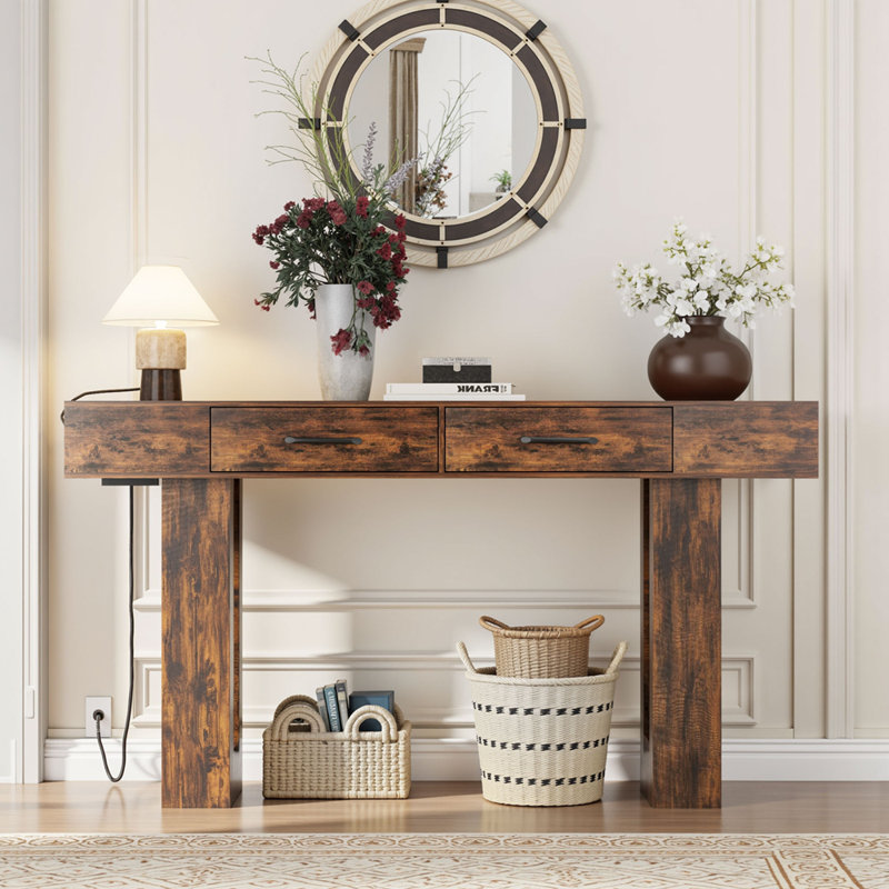 63-Inch Long Console Table, Wooden Rectangular Sofa Table Behind The Couch, Farmhouse Entryway Table for Entrance, Hallway, Living Room (Natural)Vintage Brown