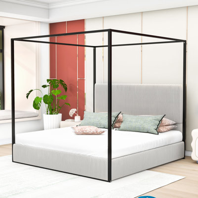 Metal Canopy Bed with Upholstered Headboard and Four Poster
