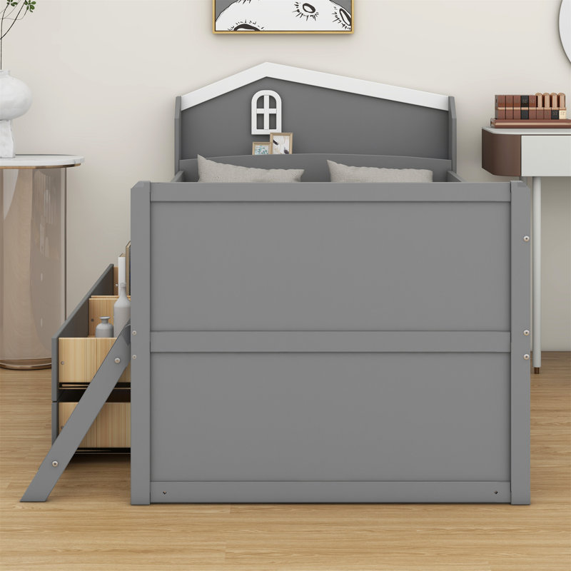 Cadre de lit avec rangement à 4 tiroirs, cadre de lit en bois pour enfants, lit plateforme avec tête de lit garde-corps et échelle