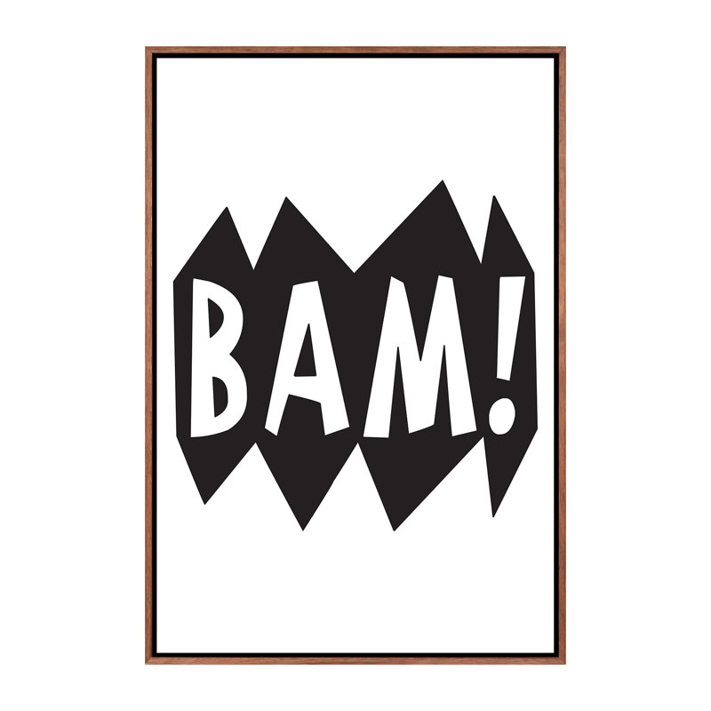 BAM! Noir - reproduction d'art textuel, Aucun mat, Toile avec cadre brun, H 26 po x l 18 po x 1,5 po
