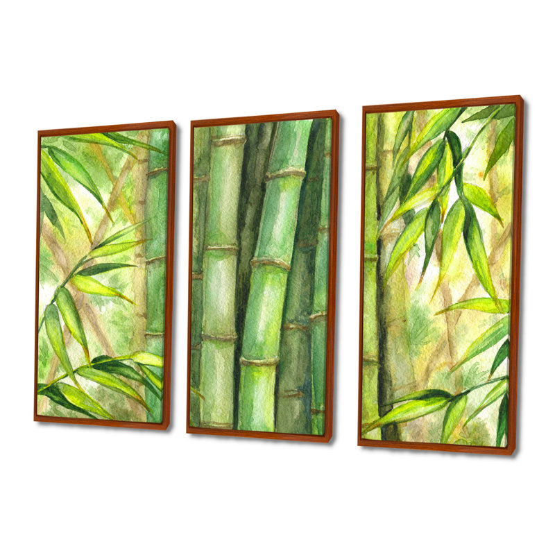 Tiges de bambou vert vif - ensemble d'art mural sur toile transitionnel encadré de 3, H 28 po x l 36 po, Cadre flottant brun