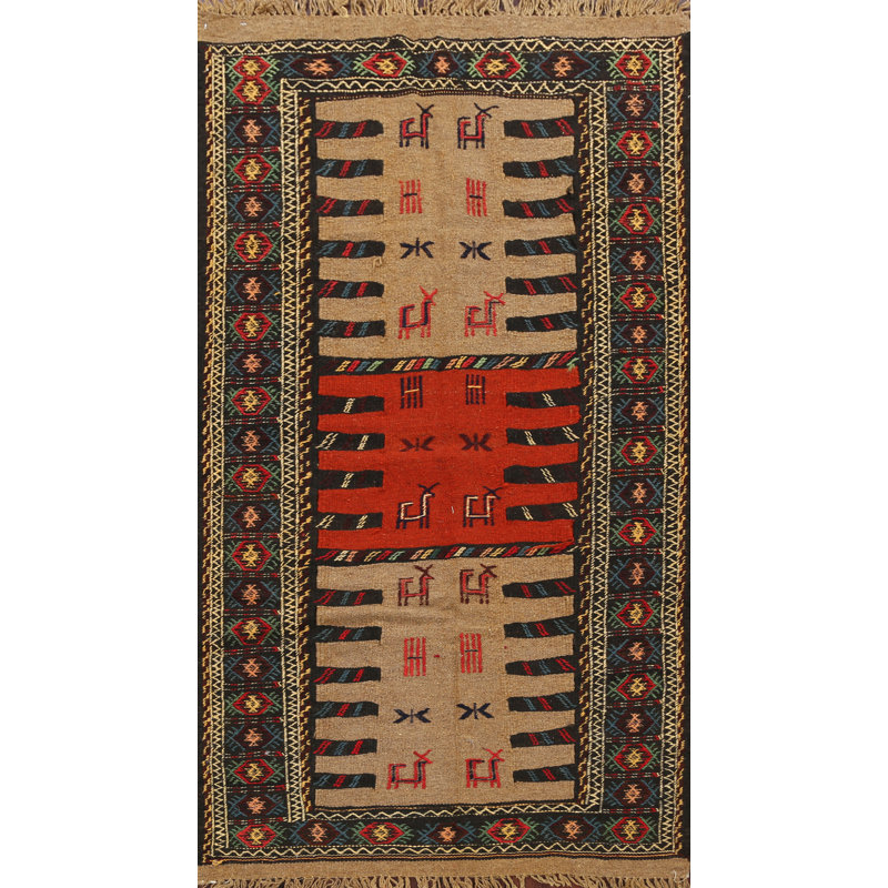 Tapis de la zone en laine rouge/beige/noir 3 pi 4 po x 6 pi 3 po one-of-kind à la main-noué la