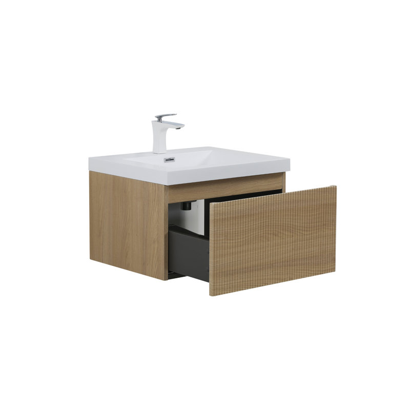Meuble-lavabo mural avec lavabo à surface solide, Blanc, Bois de chêne naturel, 24"