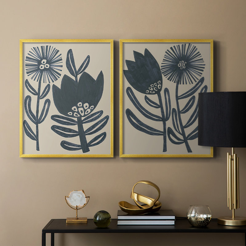 «Blockprint Folk Flowers I», reproduction encadrée de qualité supérieure - prête à être accrochée - aucun clou requis - aucun clou requis