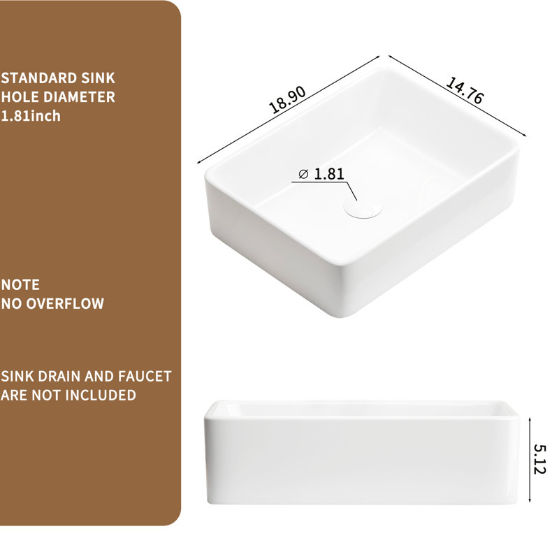 19 Inch Rectangular White Porcelain Vessel Sink For Bathroom, Classic European - Inspired Design, Low Water Absorbency, Effortless Installation Rectangle Ceramic Above Counter Bathroom Sink, 19X15