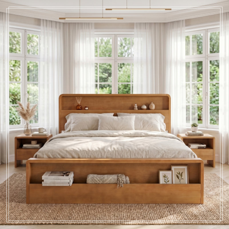 Cadre de lit Rigsby en bois pour lit king size avec tête et pied de lit à double rangement ouvert, Très grand lit