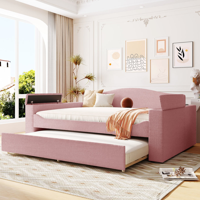 Lit de jour moderne rembourré avec rangement et système, molleton rose, gigogne avec accoudoirs Space Design, appareil audio