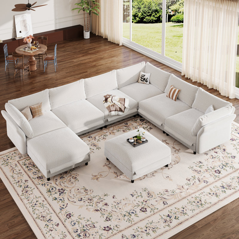 8-Seat Extra-Deep Chenille Modular Corner Sectional, Beige Chenille
