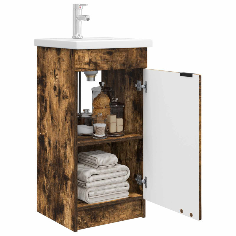 Single Bathroom Vanity with Ceramic Basin, Smoked Oak