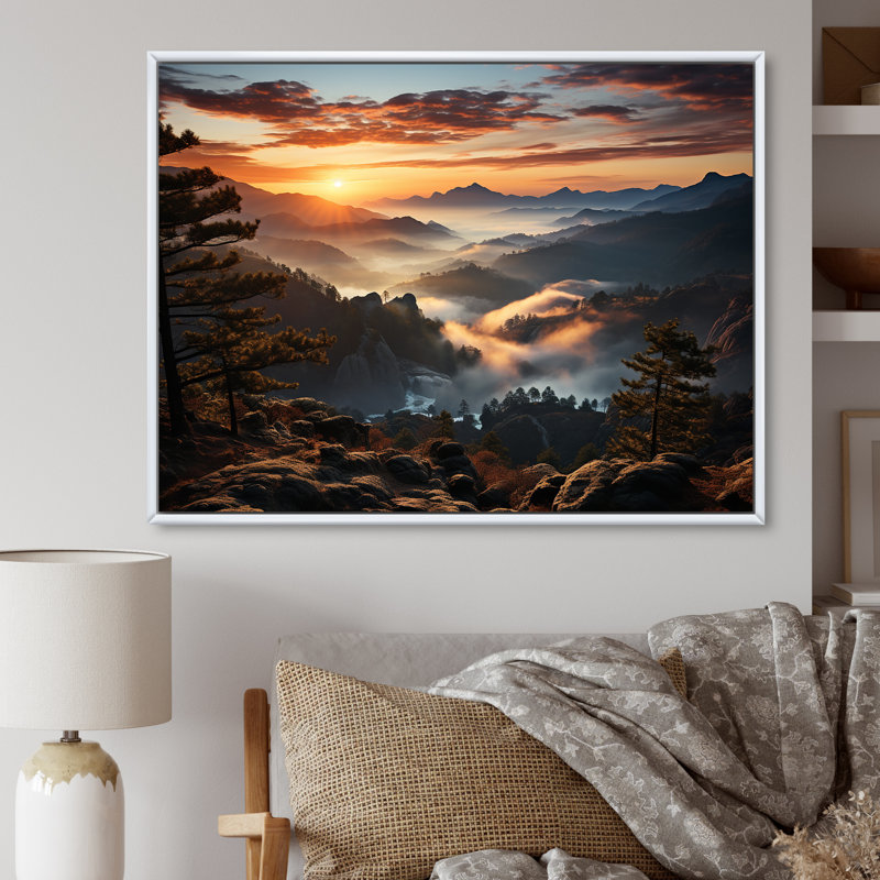 Mountain Majesty Sunsets Embrace I - forêt et rivière, art mural, Cadre de coin argenté fermé, H 30 po x l 40 po x P 1,5 po