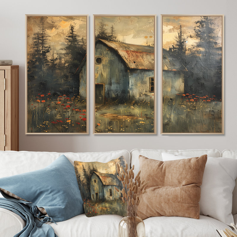 «Gray Red Winter Country Cottage Barn» 3 pièces, H 28 po x l 36 po, Cadre naturel flottant