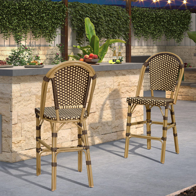 Patio Bamboo Print Finish Bar Stools With Rattan Back (Set Of 2), Counter Stool (25" Seat Height), Dark Brown/Brown