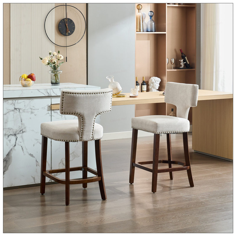 Ensemble de 2 tabourets de bar à dossier incurvé en lin, Beige