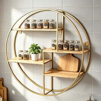 Round Wall Shelf, Metal And Wood Floating Shelf, Modern-style Display Shelf, Floating Shelf Suitable for Decorative Storage In Living Rooms, Kitchens, Bathrooms, And Bedrooms, Floating Shelves，Gold