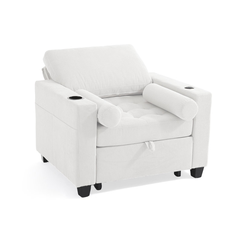 Convertible Beige Corduroy Tufted Sofa Bed Chair 3-In-1 Pull Out Multi-Functional Sleeper Single Chair Bed With 2 Soft Pillows, USB Outlet and  Cup Holder
