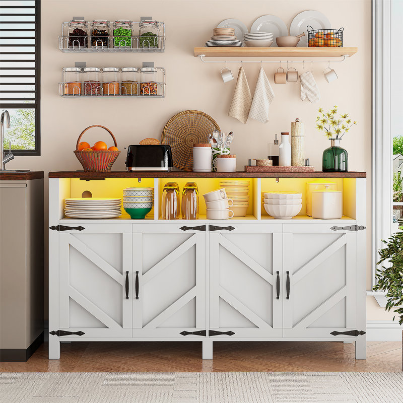 55" Smart Buffet Sideboard With Power Outlets & App-controlled Rgb Led Lights, Large Farmhouse Kitchen Storage Cabinet With 4 Doors, Coffee Bar Cabinet Buffet For Dining Room, Entryway, White And Walnut