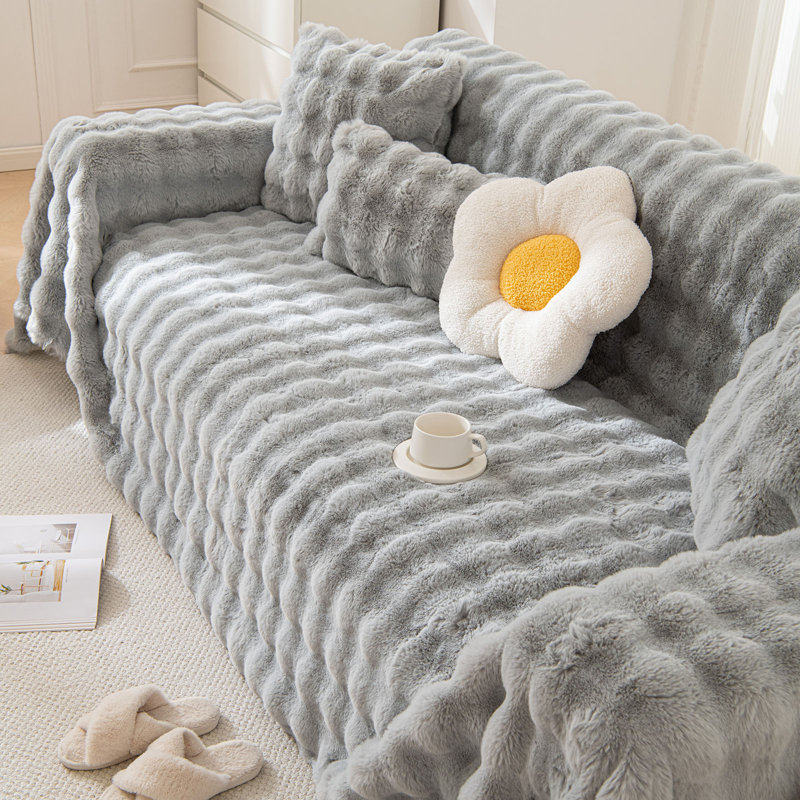 1-Piece Faux Fur Box Cushion Slipcover, 71" H x 134" W, Light Gray