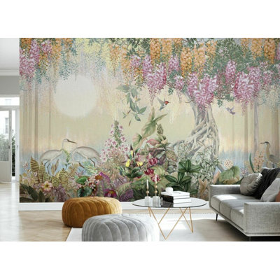 Murale arbre de jardin Wisteria | Papier peint paysage floral mauve | Non-tissé ou pelez et collez