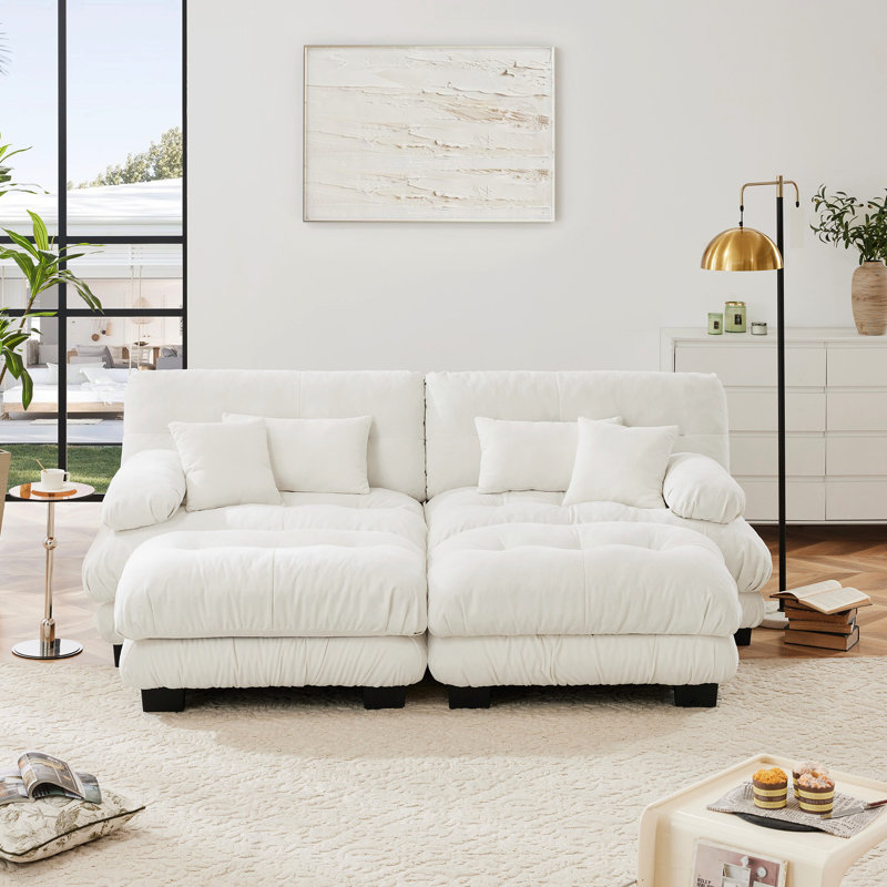 Chenille 2 places, canapé-lit Cloud pour le salon avec repose-pieds, coussins lombaires et coussins décoratifs, accoudoir large rembourré, tissu blanc et expérience relaxante