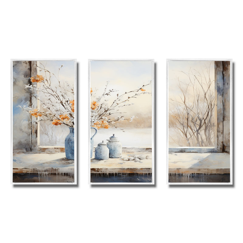 «Cottage In Winter Window Charm I», art mural fenêtres de ferme, Cadre flottant blanc, H 28 po x l 36 po x P 1 po