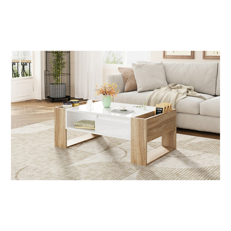 Table basse haute brillance avec 2 tiroirs, table centrale pratique à deux tons avec compartiments cachés, table basse rectangulaire avec tablette de rangement ouverte pour le salon, la chambre à coucher, blanc