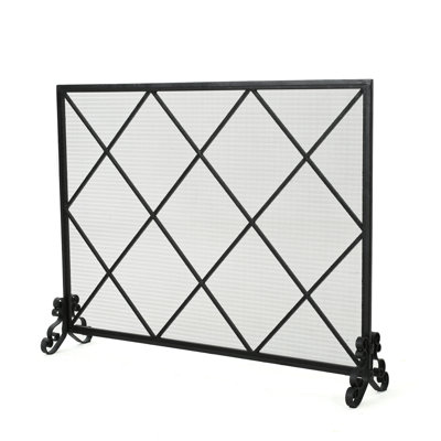 Single Panel Fire Screen - Iron, Modern Stylish Pattern Diamond, 41.5"W X 8.9"D 32.1"H, Black Iron Fireplace Contemporary Chic Diamond Style, 41.86"W 9.11"D 32.14"H,