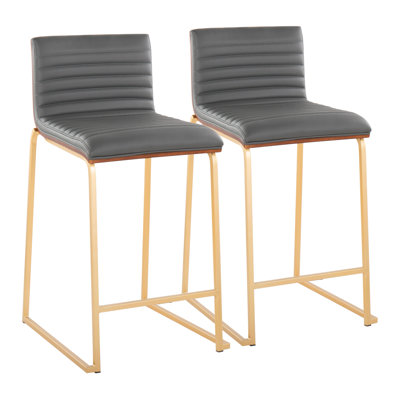 Mason Mara 26" Contemporary Fixed-Height Counter Stool in Metal, Walnut Wood and Grey Faux Leather by LumiSource - Set of 2