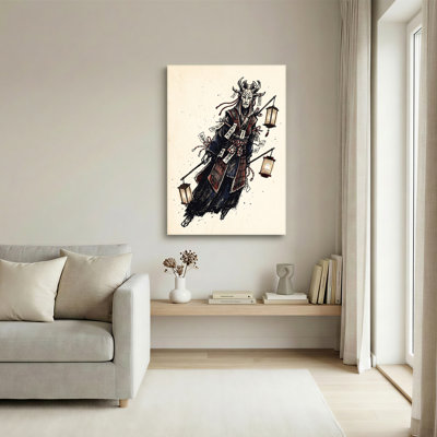 Art japonais sur toile, masque japonais démon avec lanternes et talisme
