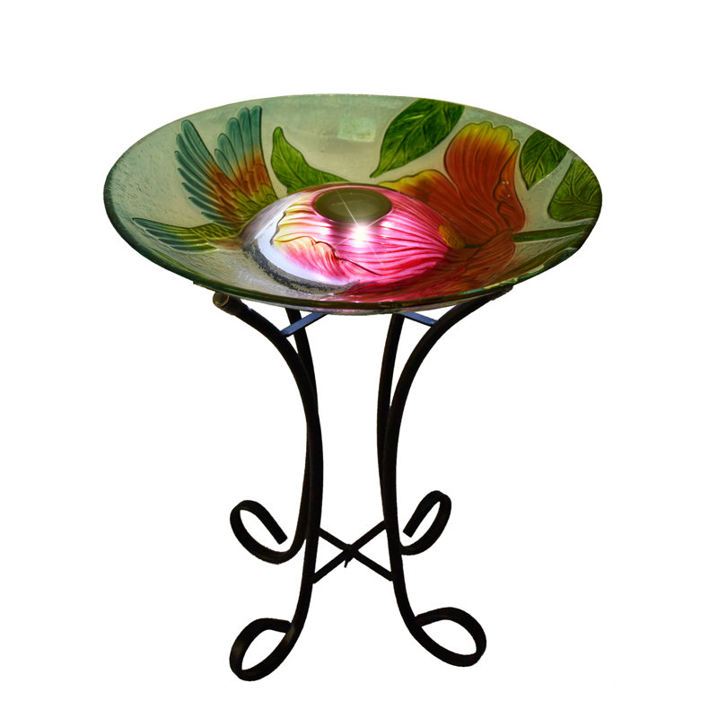 Solar LED Floral Glass Bird Bath with Metal Stand