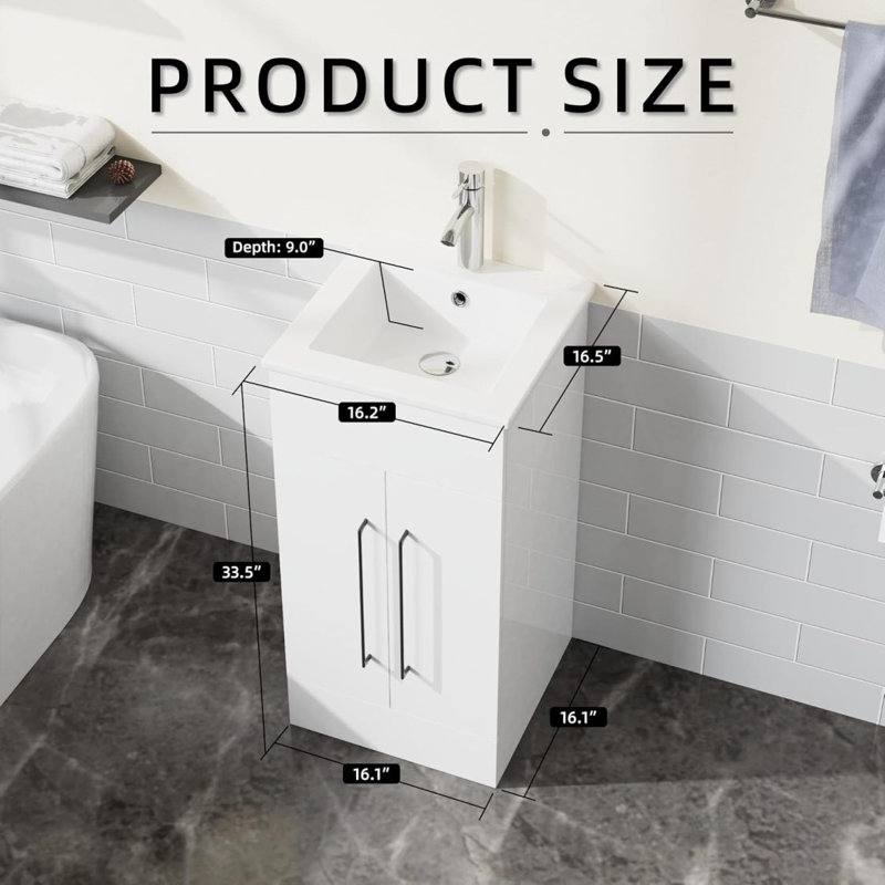 Armoire de salle de bain moderne autoportante avec lavabo encastré blanc à 2 portes Goodino
