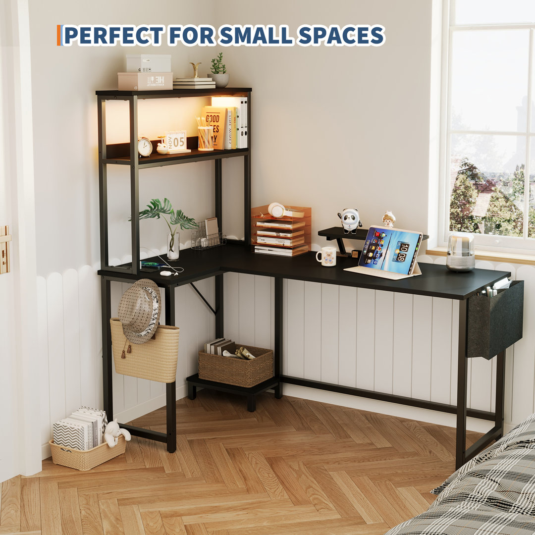 L-Shaped Corner Gaming Desk with Drawer, Power Outlet & LED Lights – Space-Saving Computer Desk with Storage, Metal Frame & Particle Board for Home Of