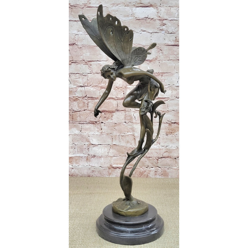 Mythique fée, scène florale, sculpture florale, statue en bronze, base en marbre, art 19 po x 7 po
