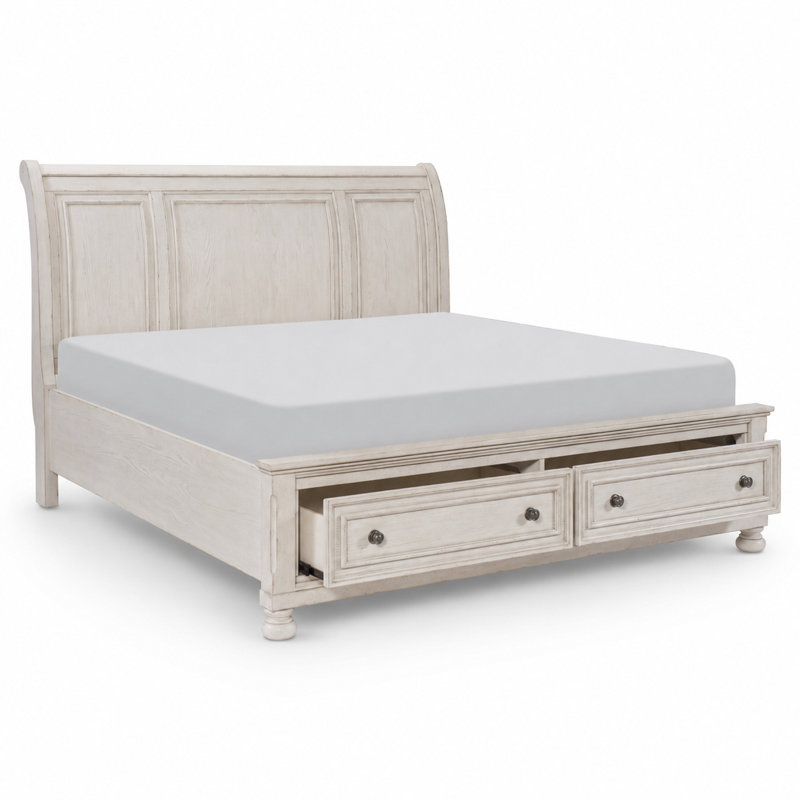 Lit plateforme avec rangement Alek, Grand, Blanc antique