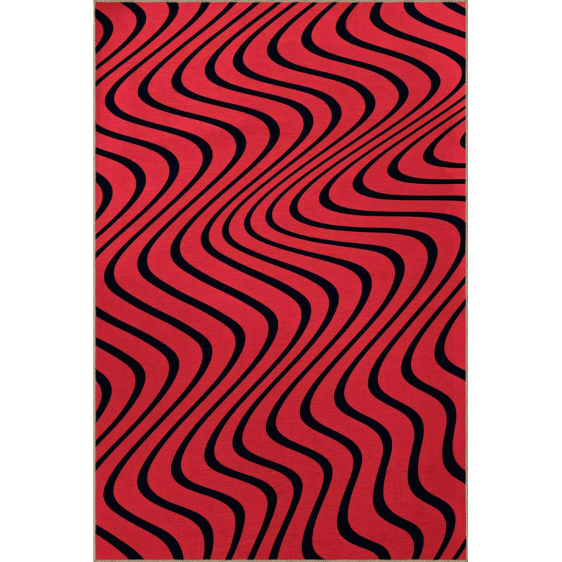 Red Toned Black Wavy Spiral Patterned Creative Modern Decorative Rug Machine Washable