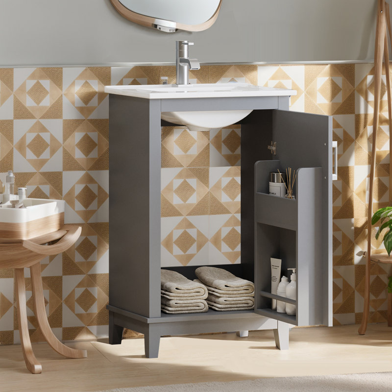 Meuble-lavabo simple autoportant de 20 po avec plateau en céramique, Gris