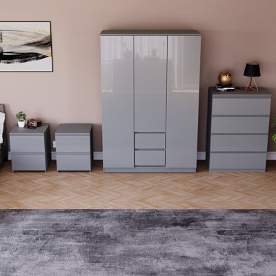 Taniesha 4 Piece Bedroom Set (2 Drawer Bedside Chest X2, 4 Drawer Chest, 3 Door 2 Drawer Wardrobe), (100% FSC)