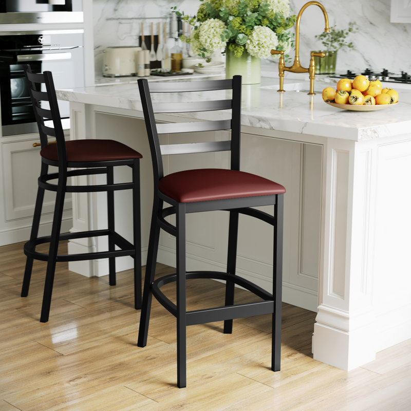 Red Metal and Wood Ladder Back Barstool with Vinyl Seat