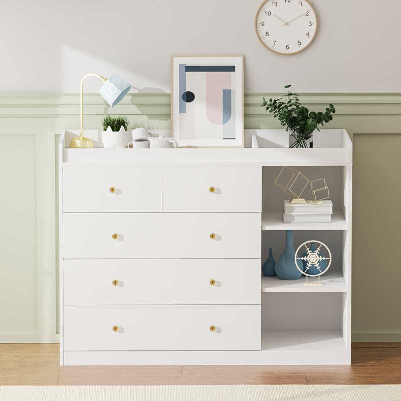 Ebern Designs 47.2'' Wood Changing Table Dresser with 5 Drawers, Baby Diaper Station