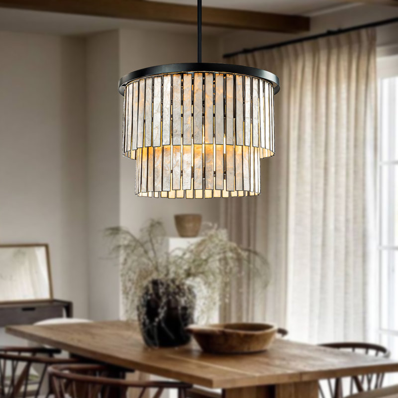 Johncarl 5 Light Modern Coastal Natural Capiz Shell Chandelier in Black Lighting