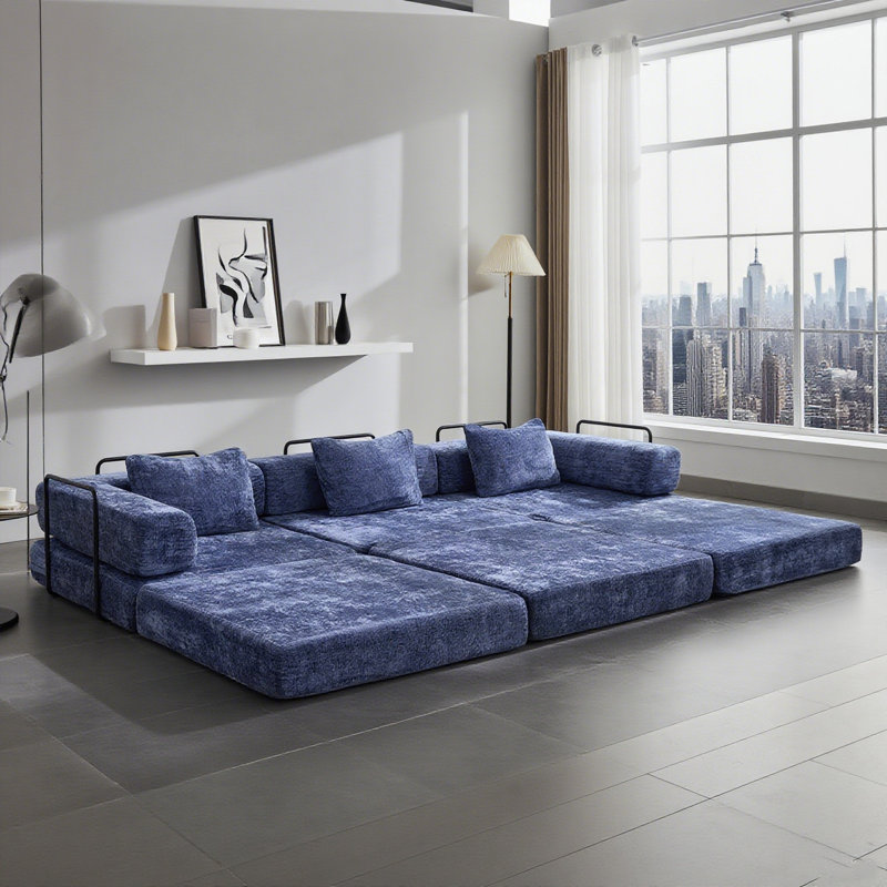 Canapé modulaire convertible bleu foncé, lit modulaire à compression avec cadre fixe, canapé rembourré en chenille douce, aucun assemblage requis, mobilier polyvalent pour chambre à coucher, salon