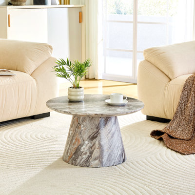 Table basse circulaire gris en fibres à densité moyenne texturée - diamètre 23,6 pouces, hauteur 13,7 pouces, placage texturé gris, texture délicate, adaptable à un plateau de table circulaire.